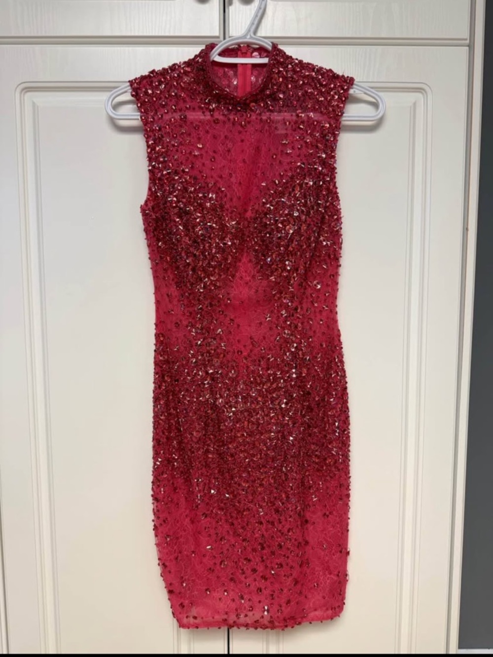 Mac Duggal Pink Beaded Mock-Neck Mini Dress
